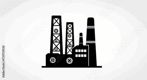 Black Industrial Tower Silhouette with Gears on White Background, Symbolizing Engineering, Manufacturing, and Technology, Flat Vector Elements, Vector Illustration, Simple Vector, Stylized Vector