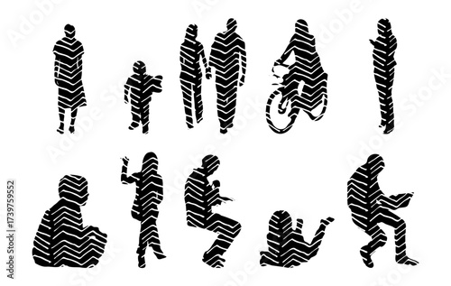 Vector illustration, Outline silhouettes of people, Contour drawing, people silhouette, Icon Set Isolated , Silhouette of sitting people, Architectural set
