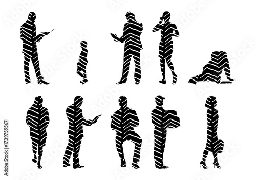 Vector illustration, Outline silhouettes of people, Contour drawing, people silhouette, Icon Set Isolated , Silhouette of sitting people, Architectural set