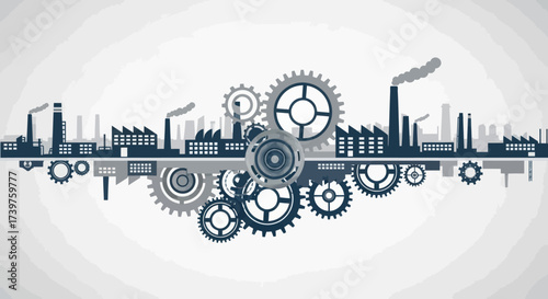 Industrial Cityscape with Factories, Gears, and Urban Skyline - Modern Engineering and Manufacturing Concept Illustration, Flat Vector Elements, Vector Illustration, Simple Vector, Stylized Vector