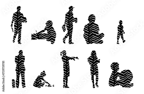 Vector illustration, Outline silhouettes of people, Contour drawing, people silhouette, Icon Set Isolated , Silhouette of sitting people, Architectural set
