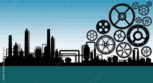 Industrial Plant Silhouette Vector Illustration: Oil Refinery or Chemical Processing Facility Against a Gradient Blue Sky and Teal Foreground, Depicting Modern Energy Infrastructure., Flat Vector