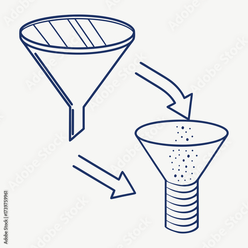 Conceptual illustration of a filtering process using two funnels and arrows showing the flow of material from one to the other representing data refinement or separation
