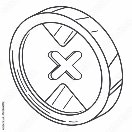 A simple clean line art illustration of a round button with an x mark in the center presented in a three dimensional isometric perspective against a white background
