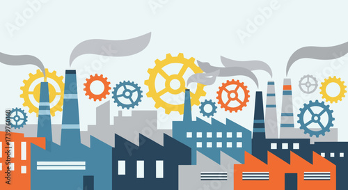 Industrial Factory Landscape with Smoking Chimneys and Gears - Flat Design Vector Illustration of Manufacturing and Pollution, Flat Vector Elements, Vector Illustration, Simple Vector, Stylized