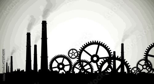 Monochrome Industrial Silhouette: Factory Chimneys Emitting Smoke and Pollution with a Large Gear, Depicting Heavy Industry, Power Generation, and Environmental Impact, Flat Vector Elements, Vector