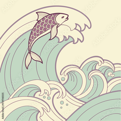 A stylized purple fish leaps gracefully over crashing turquoise and cream waves in a classic japanese art style with a pale yellow background