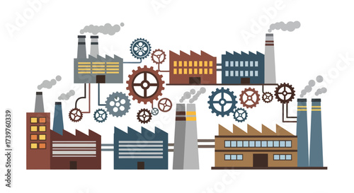 Industrial factories with smoking chimneys and interconnected gears, representing manufacturing and production processes on a white background., Flat Vector Elements, Vector Illustration, Simple