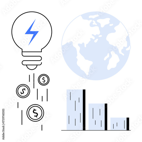 Light bulb with lightning inside emitting dollar coins, world map, and bar graph highlighting innovation, sustainability, entrepreneurship, economic growth, global impact, renewable energy, business