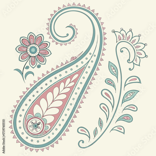 Elegant paisley motif with delicate floral elements and swirling tendrils in soft pastel pink and teal hues against a cream background evoking a sense of traditional artistry and decorative beauty