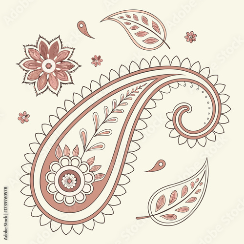Elegant paisley motif with delicate floral elements and leaf shapes in a soft rose and brown color palette on a cream background evoking traditional indian art and textile design