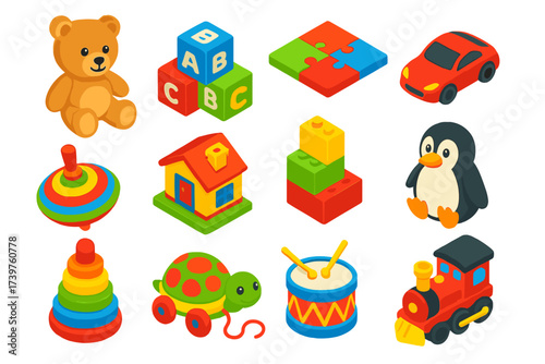 Colorful Toy Icons. Isometric vector illustration set of toys icons: cute bear plush, wooden letter cubes, puzzle connector, toy