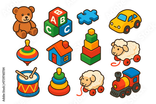 Colorful Toy Icons. Isometric vector illustration set of toys icons: soft brown bear, ABC toy cubes, puzzle part piece, yellow toy