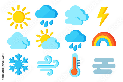 Vibrant Weather Icons. Isometric vector illustration set of weather icons: sunny weather sun, rainy cloud scene, lighting strike