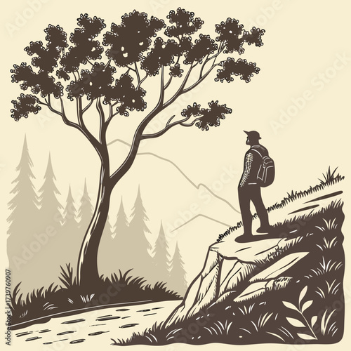 A lone hiker stands on a rocky cliff overlooking a serene landscape of mountains and trees contemplating the beauty of nature