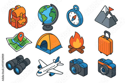 Colorful Travel Icons. Isometric vector illustration set of adventure and travel icons: explorer backpack, globe with continents,