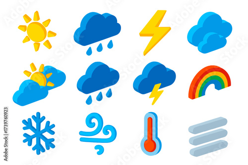 Vibrant Weather Icons. Isometric vector illustration set of weather icons: sunny weather sun, rainy cloud scene, lighting strike