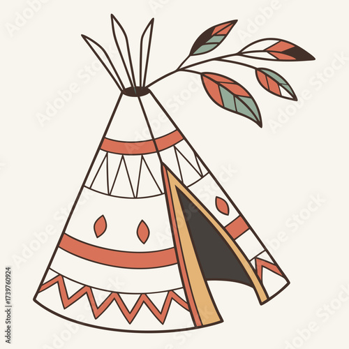 A charming hand drawn illustration of a traditional teepee adorned with geometric patterns and a decorative branch with colorful leaves evoking a sense of nature and indigenous culture