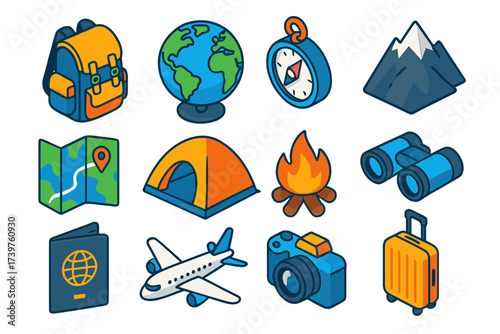 Colorful Travel Icons. Isometric vector illustration set of adventure and travel icons: explorer backpack, globe with continents,