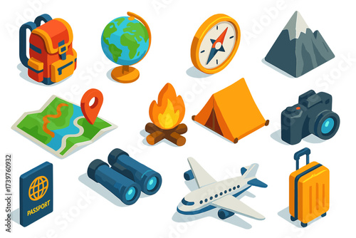Adventure Icons Collection. Isometric vector illustration set of adventure and travel icons: adventure backpack, global map globe,