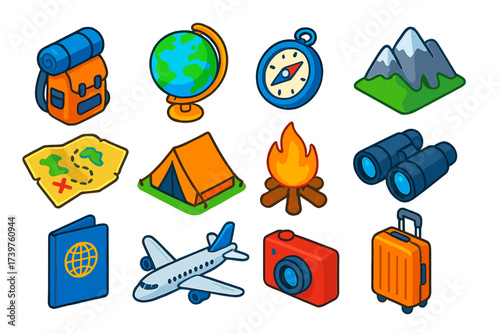 Adventure Travel Icons. Isometric vector illustration set of adventure and travel icons: camping bag, earth atlas globe, compass