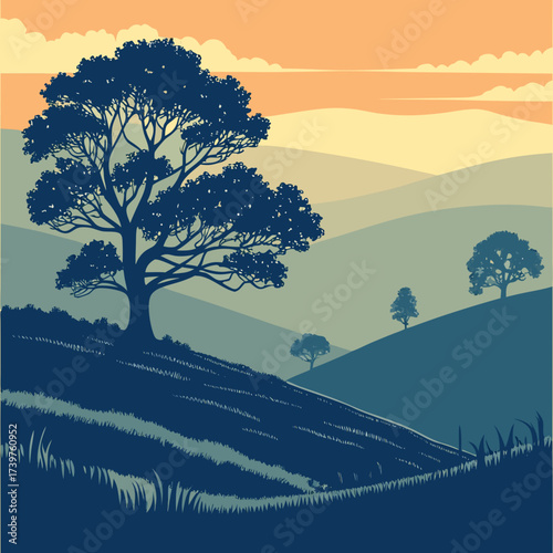 Stylized minimalist landscape featuring a large silhouetted tree on a grassy hill with rolling hills and a cloudy sky in muted earth tones and blues