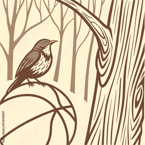 A stylized illustration of a brown bird perched on a basketball in a minimalist forest setting with a large tree trunk on the right side of the frame