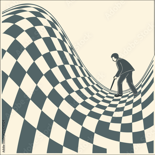 A lone businessman in a suit walks with a cane across a distorted undulating checkered landscape symbolizing a challenging journey or uncertain future