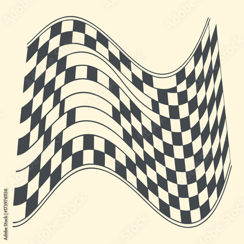 Abstract checkered flag pattern with a wavy distorted perspective creating a sense of motion and depth on a light beige background