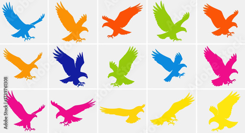 Colorful collection of dynamic eagle of prey silhouettes in various vector poses, ideal for logo design and branding elements on a light background., Flat Vector Elements, Vector Illustration, Simple