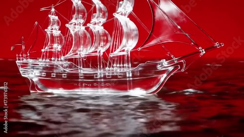 Tracking Crimson Sea Tilt Down Transparent Glass Sailing Ship Floating Glowing Reflections