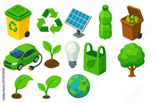 Sustainable Icons Set. Isometric vector illustration set of recycling and sustainability icons: separate waste bin, recycle logo