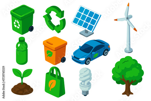 Sustainable Icon Collection. Isometric vector illustration set of recycling and sustainability icons: neighborhood recycling bin,