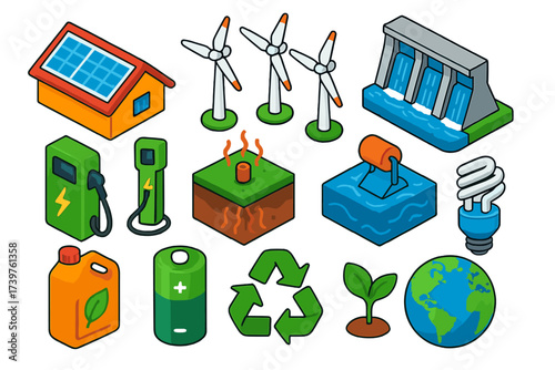 Eco Energy Icons. Isometric vector illustration set of renewable energy and eco-friendly icons: solar roof modules, wind farm