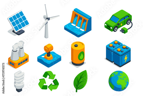 Eco Energy Icons. Isometric vector illustration set of renewable energy and eco-friendly icons: solar cell panel, large wind
