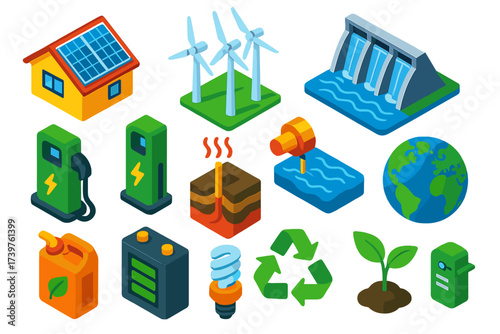 Eco Energy Icons. Isometric vector illustration set of renewable energy and eco-friendly icons: solar roof modules, wind farm
