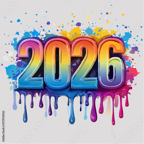 Bold 3D 2026 numbers with vibrant paint splatters and colorful drips, celebrating the new year with artistic flair