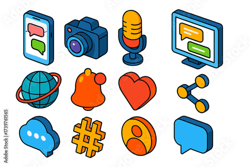 Social Media Icons. Isometric vector illustration set of social media and communication icons: smartphone chat interface, vlogging