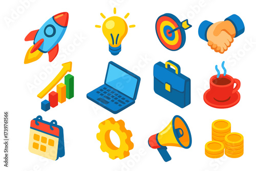 Startup Icons Collection. Isometric vector illustration set of startup and business doodle icons: takeoff project rocket,