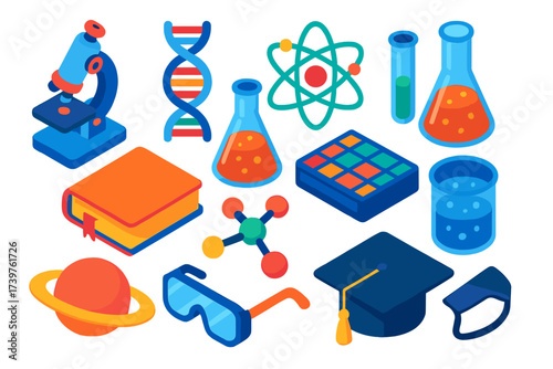 Science Icon Set. Isometric vector illustration set of science and education icons: educational microscope, DNA biology helix,
