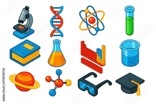 Science Icon Set. Isometric vector illustration set of science and education icons: educational microscope, DNA biology helix,