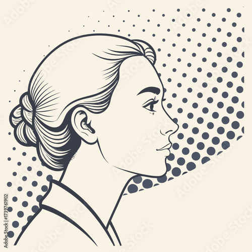Elegant profile of a woman with her hair styled in a bun set against a background of dark polka dots and a light cream color