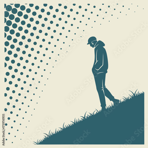 A lone figure in a hooded jacket and baseball cap walks downhill on a grassy slope with a stylized pattern of fading dots in the background