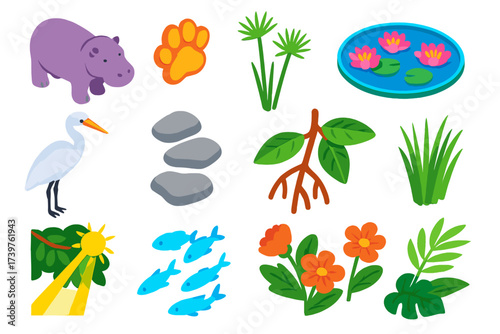 Dynamic Nature Icons. Isometric vector illustration set featuring hippo, paw print, papyrus plant, lotus pond, egret bird, stone