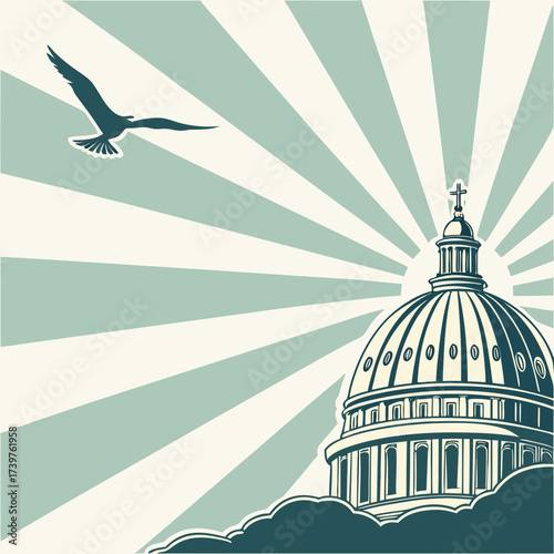 A majestic dome building with a cross on top is silhouetted against a radiating sunburst background with a bird soaring freely in the sky above