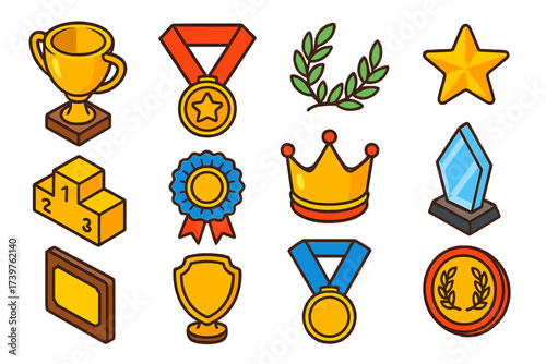 Award Icons Collection. Isometric vector illustration set featuring classic trophy cup, medal with star, laurel sprig emblem,