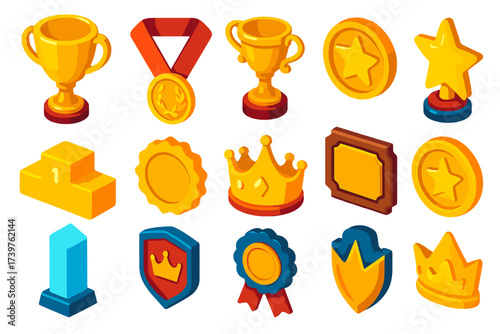 Colorful Award Icons. Isometric vector illustration set featuring double-handled trophy, medal with laurel, ornate cup, star