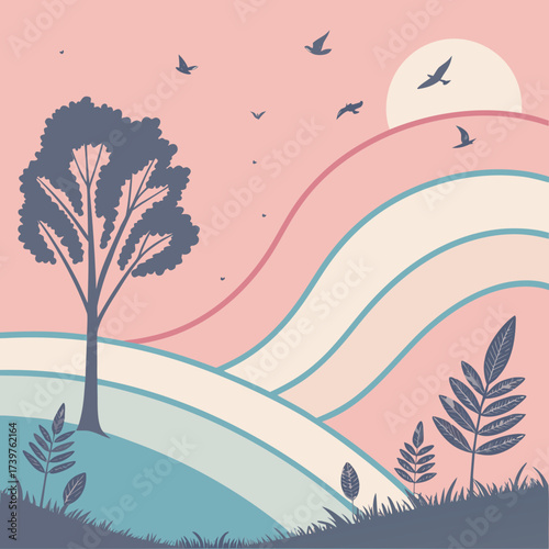 Stylized pastel landscape with rolling hills a solitary tree flying birds and a soft sun in a pink sky evoking a peaceful and serene natural scene