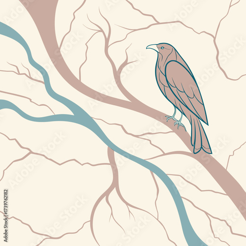 A stylized illustration of a solitary bird perched on a tree branch with a flowing blue river winding through a minimalist natural landscape in muted earth tones