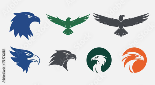 Stylized eagle and hawk head logos in a collection, featuring fierce raptor emblems in blue, green, and gray, ideal for sports mascots, brand identity, and graphic design, Flat Vector Elements,
